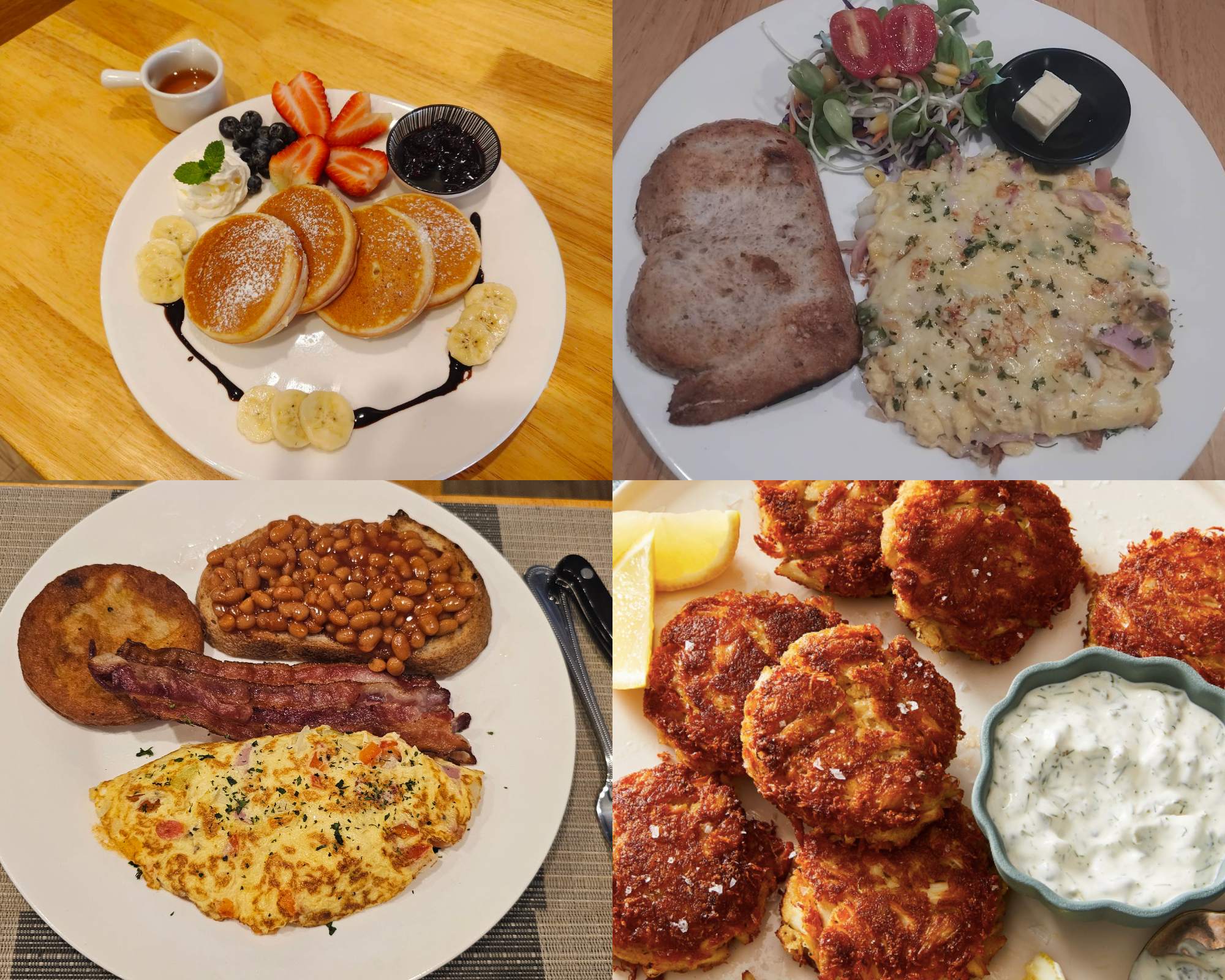 Breakfast collage featuring pancakes, a cheesy breakfast plate, bacon with beans and toast, and crispy crab patties