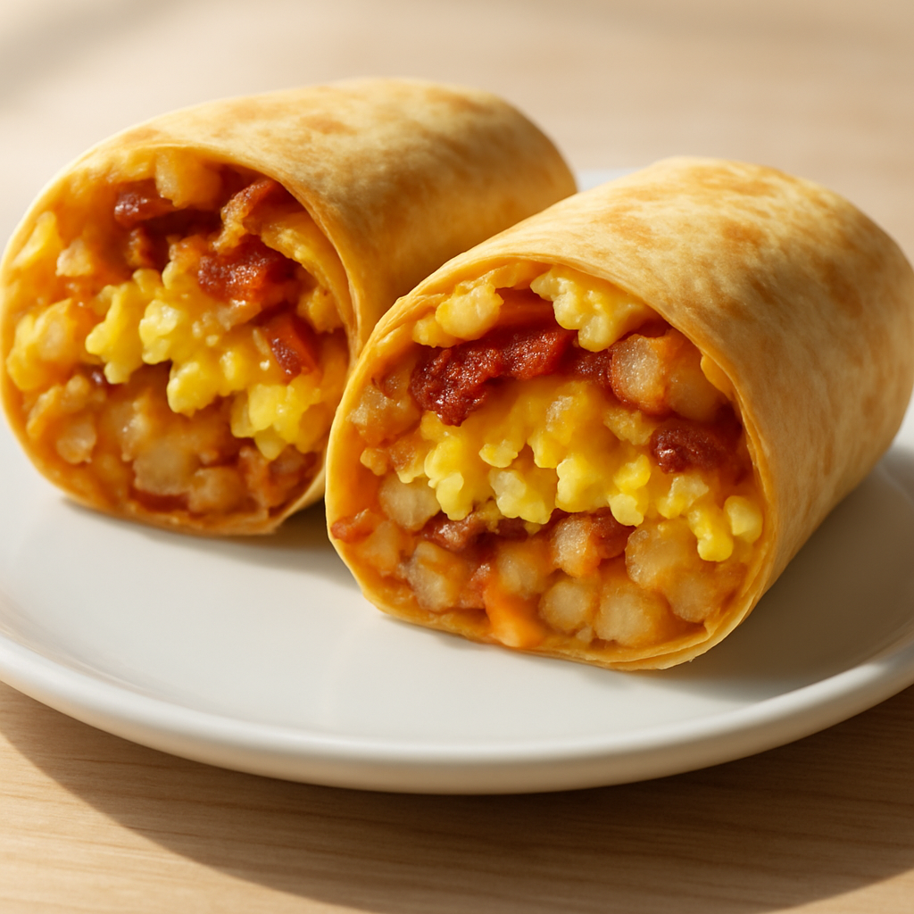 Breakfast burrito sliced in half showing eggs, bacon, hash brown and cheddar
