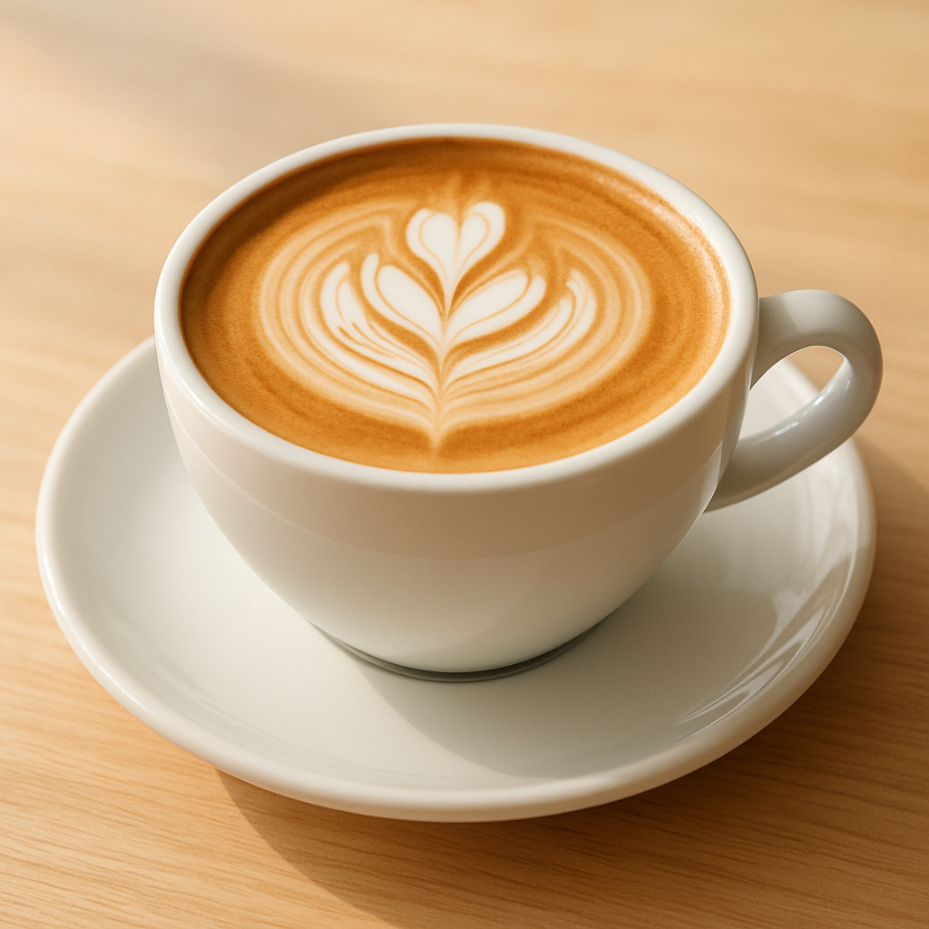 Flat white coffee with latte art in a white ceramic cup