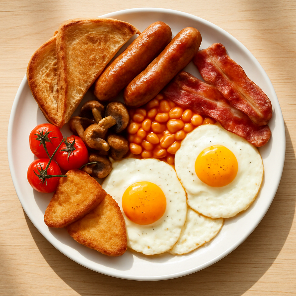 Full English breakfast plate with eggs, sausages, bacon, hash browns and sourdough