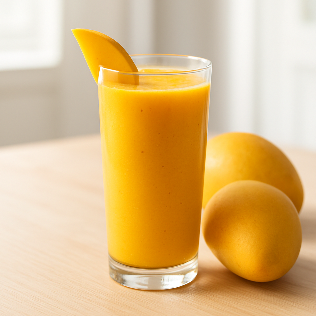 Fresh mango fruit smoothie in a tall glass with ripe mangoes